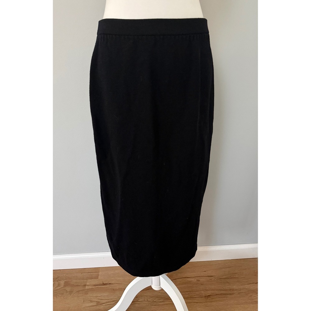 St. John Basics Santana Knit Pencil Midi Skirt Black Back Slit Stretch Size 10‎